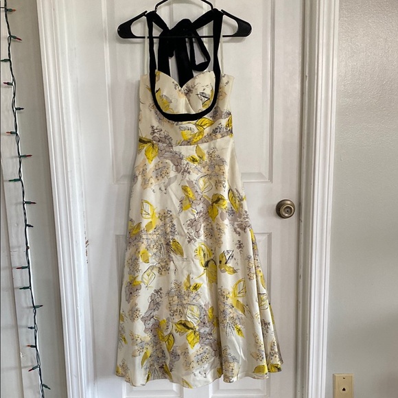 Hitherto Dresses & Skirts - Anthropologie Hitherto Yellow and Black Silk Floral Halter Dress